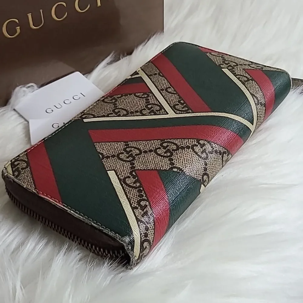 💯Authentic Gucci Round Zip Long Wallet GG Chevron Beige Green Red🍀 - Picture 6 of 16